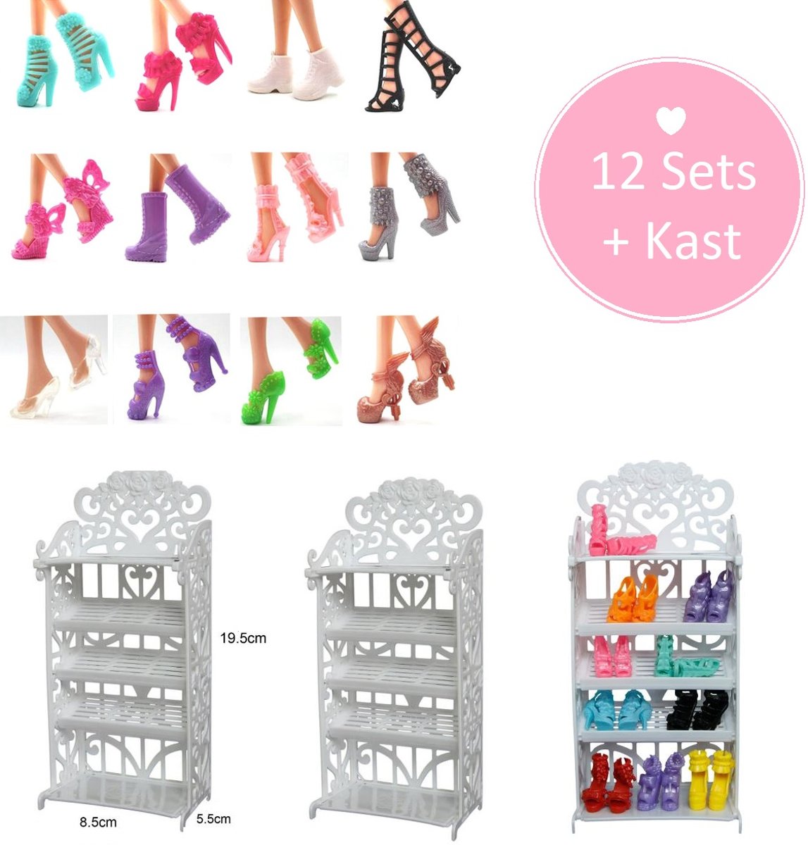 Voor de Pop | Modepop Fashion Schoenenset 12 paar met Schoenenkast | Barbie | Poppenschoenen | Poppenaccessoires